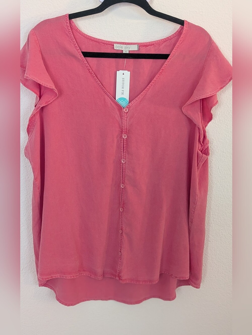 Pink Flutter-Sleeve V-Neck Button-Front Blouse - Picture 2 of 6